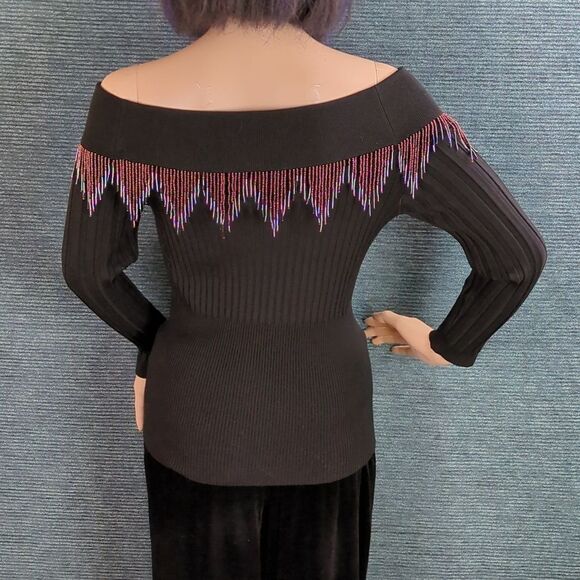 Vintage Bead Fringed Off Shoulder Sweater, SO BEAUTIFUL! - Picture 8 of 11